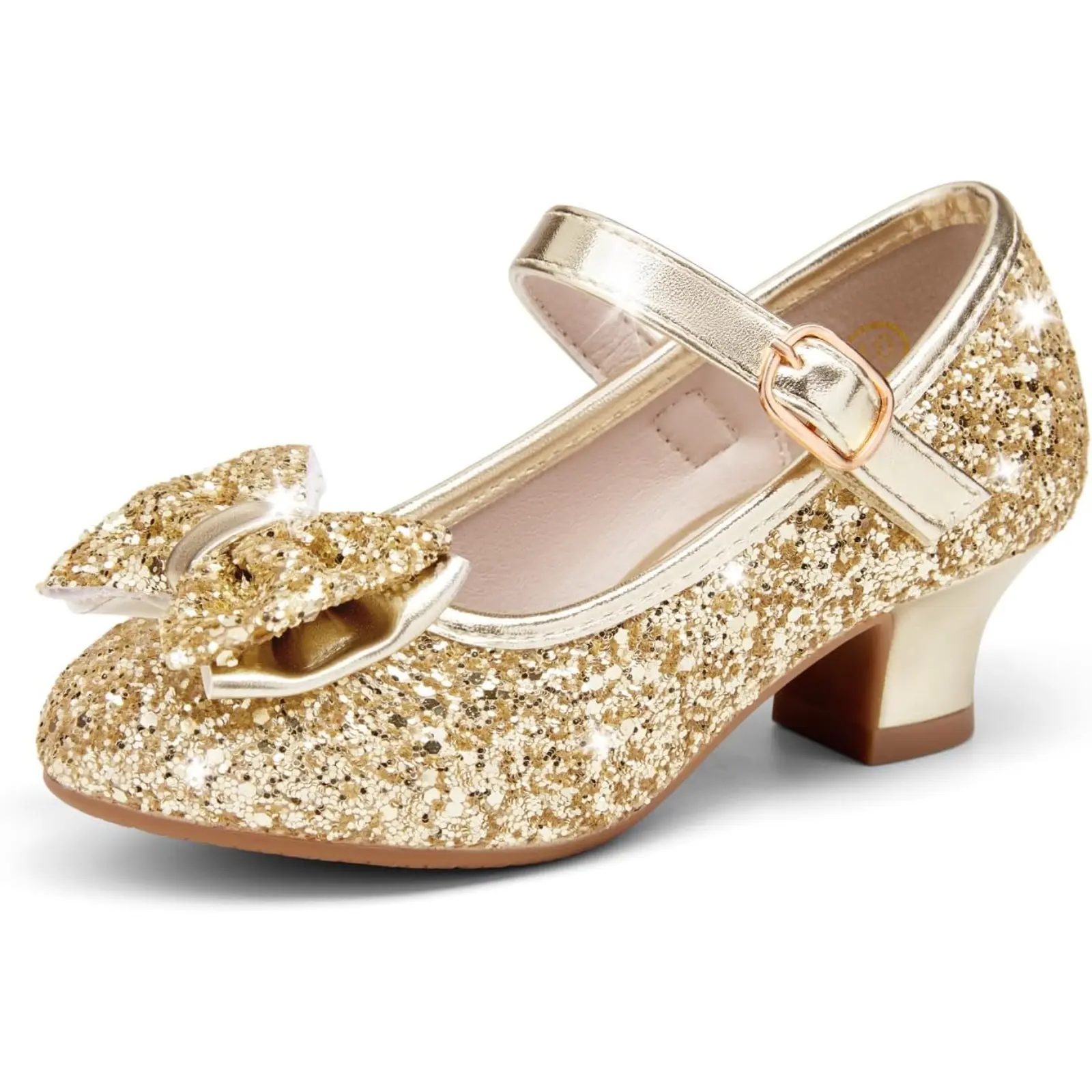 Haloumoning Girls Dress Shoes Mary Jane Heels Flower Girl Shoes Bow Glitter Princess Wedding Party Pump Shoes