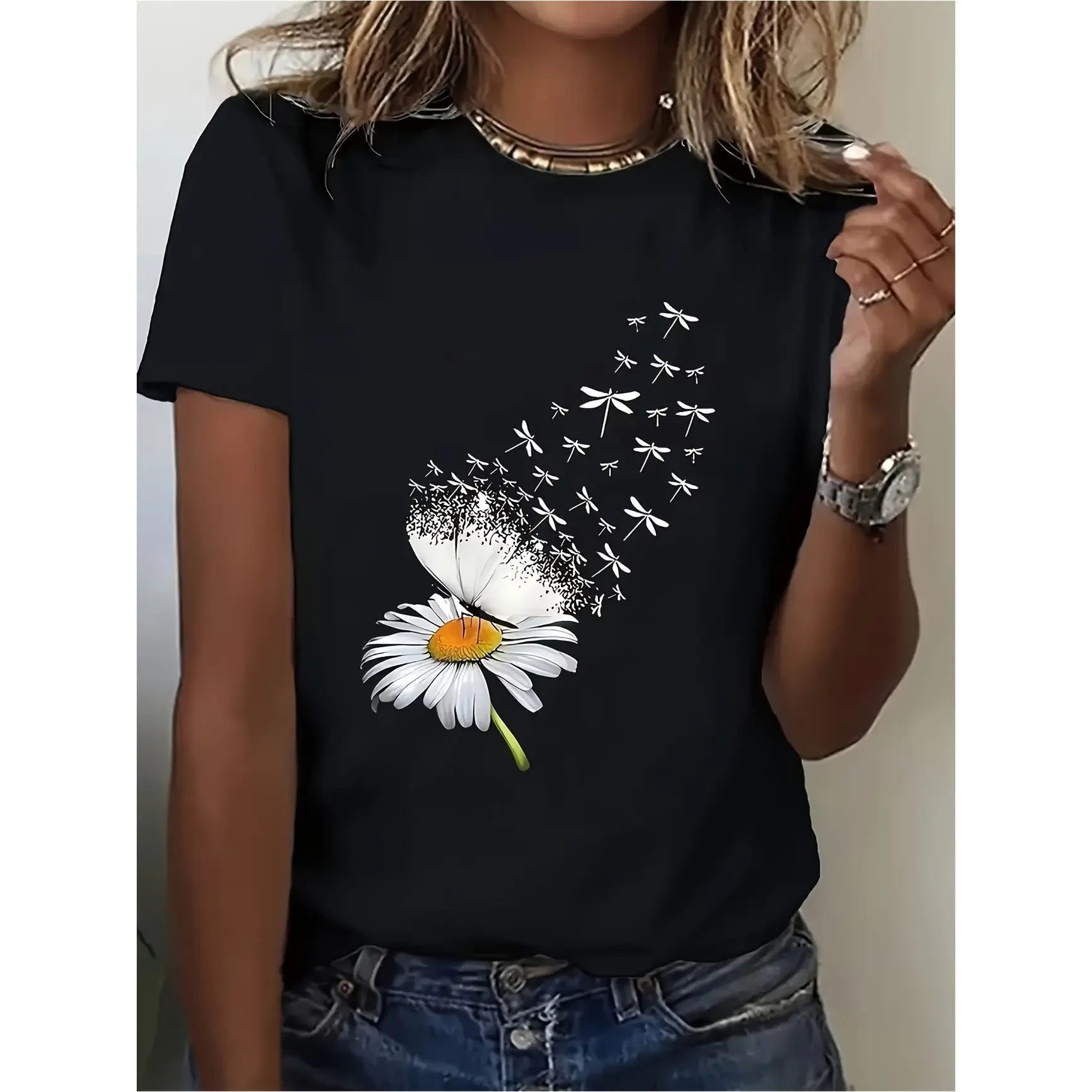 Dandelion Daisy Turning Into Dragonflies Black Cotton Oversized T-Shirt, Nature Floral Insect Graphic Fashion Comfort Outfit, Perfect Valentine Birthday Holiday Gift For Him Her Botanical Insect Lover Friend