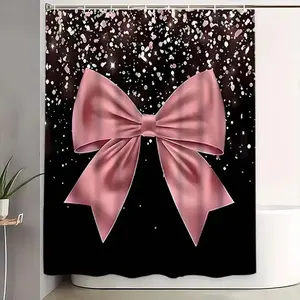 Elegant Bowknot Shower Curtain Set, Waterproof Polyester Bathroom Decor, Bathroom Accessory, Includes 12 Hooks, Non-Slip Mat, U-Shaped Rug, Toilet Seat Cover, Bathroom Decoration Accessories