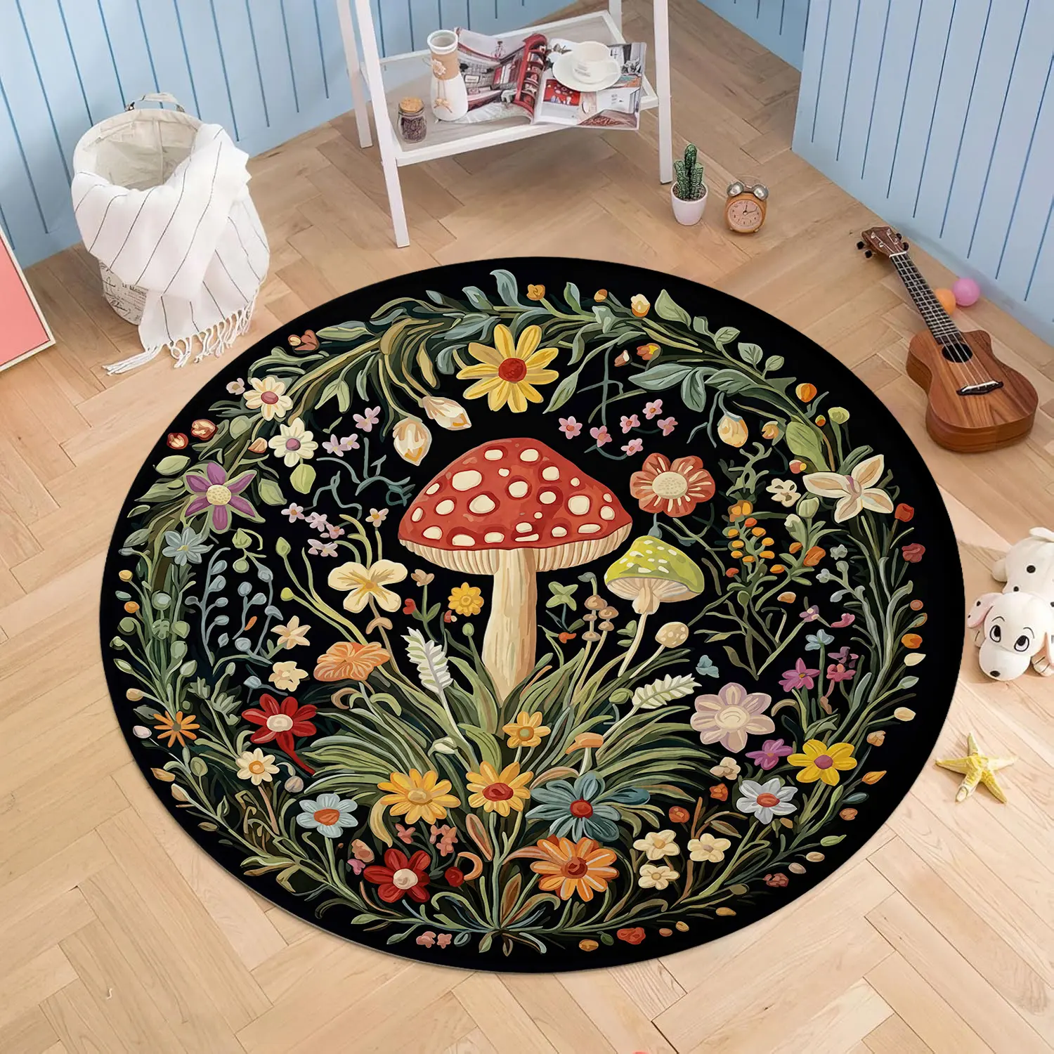 Vintage Cottagecore Mushroom Floral Black Round Area Rug, Comfortable Soft Plush Flannel Carpet with Non-Slip Backing, Colorful Botanical Nature Indoor Decorative Floor Mat for Bedroom Living Room Nursery Home Decor, Washable Aesthetic Plant Circle Rug