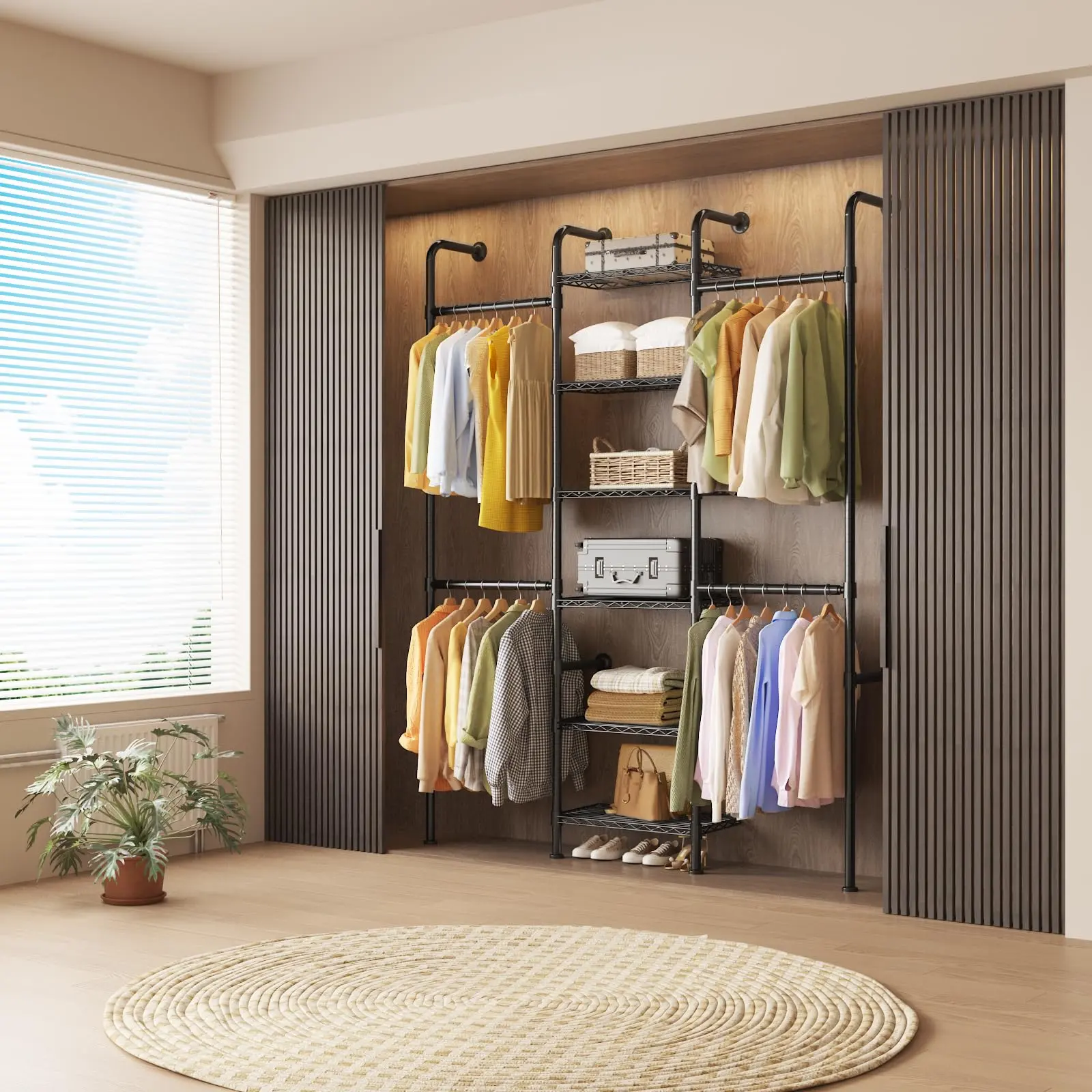 Garvee Heavy-Duty Wall-Mounted Pipe Closet System - Carbon Steel Clothes Rack with 6-Tier Wire Shelving - Expandable Closet Rods 23.62-35.43 in - Industrial Wall Storage Organizer, Matte Black