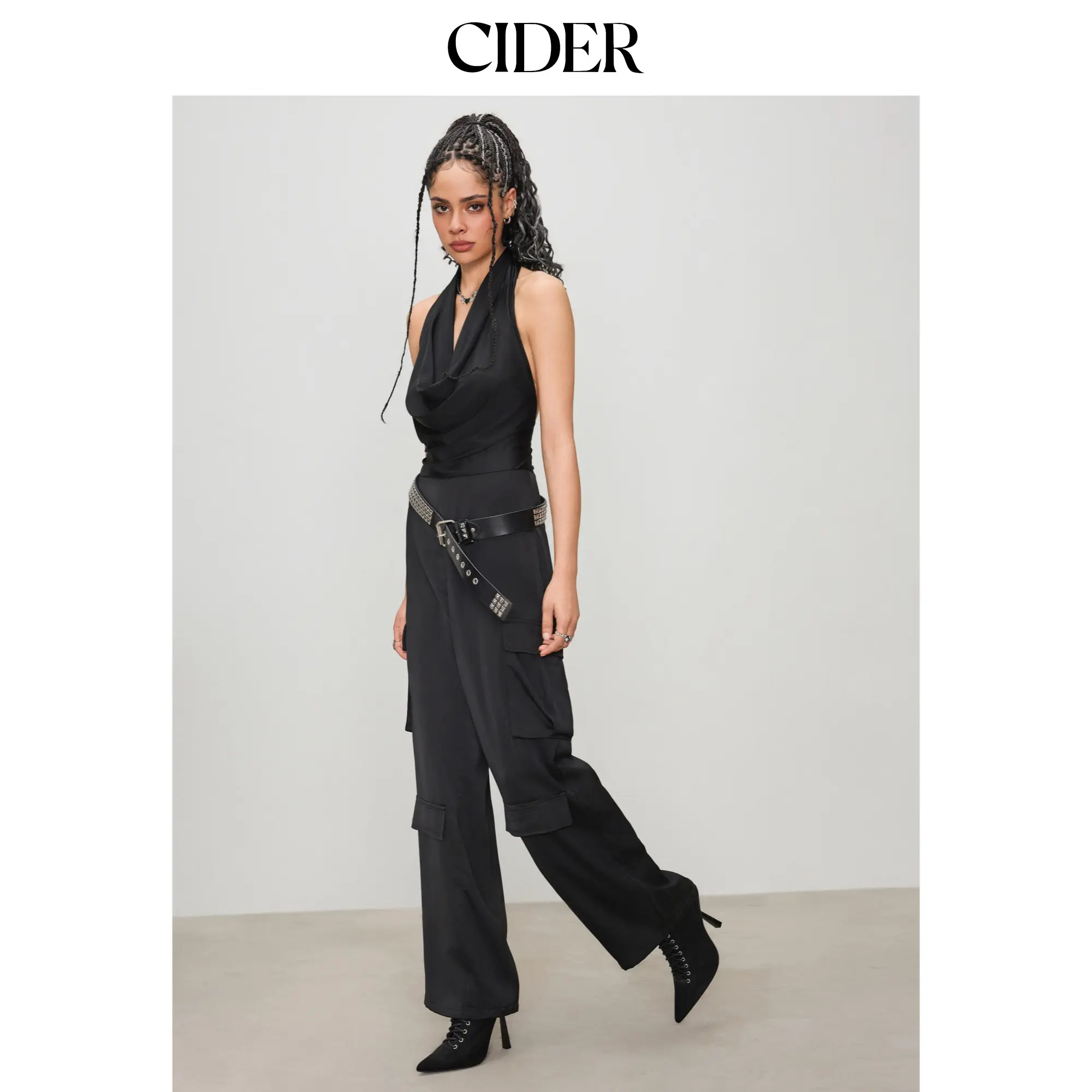 Cider [size 2-10] Satin Halter Ruched Cargo Jumpsuit