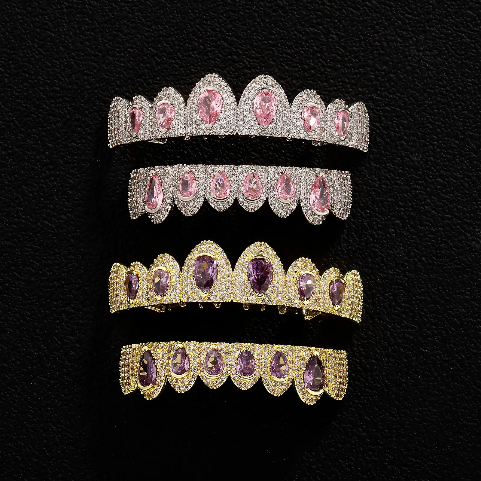 Hip Hop Teeth Grillz with Pink and Purple Zircon, Geometric Crown & Teardrop Design, Upper and Lower Teeth Accessory Set for Party & Cosplay, Accessories, Casual, Daily, Dental Accessory, Party-Ready black