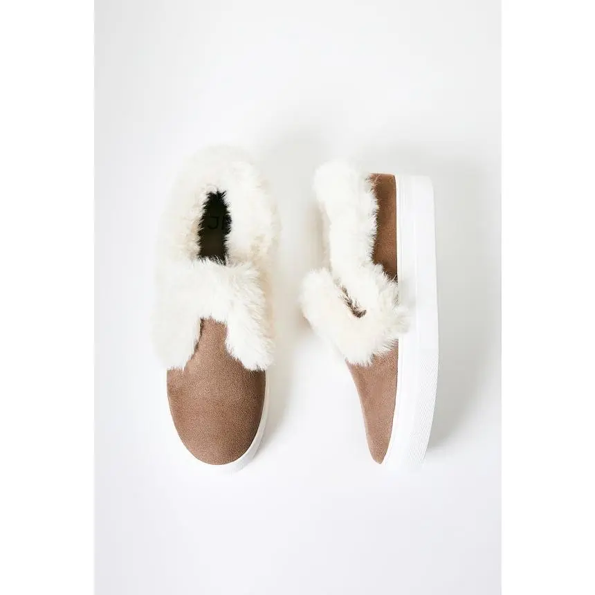 JUST FAB Women's Suede Platform Slip On Sneakers Fur Casual Walking Shoes Cozy Winter Fashion Sneakers （Runs Large Size Down）