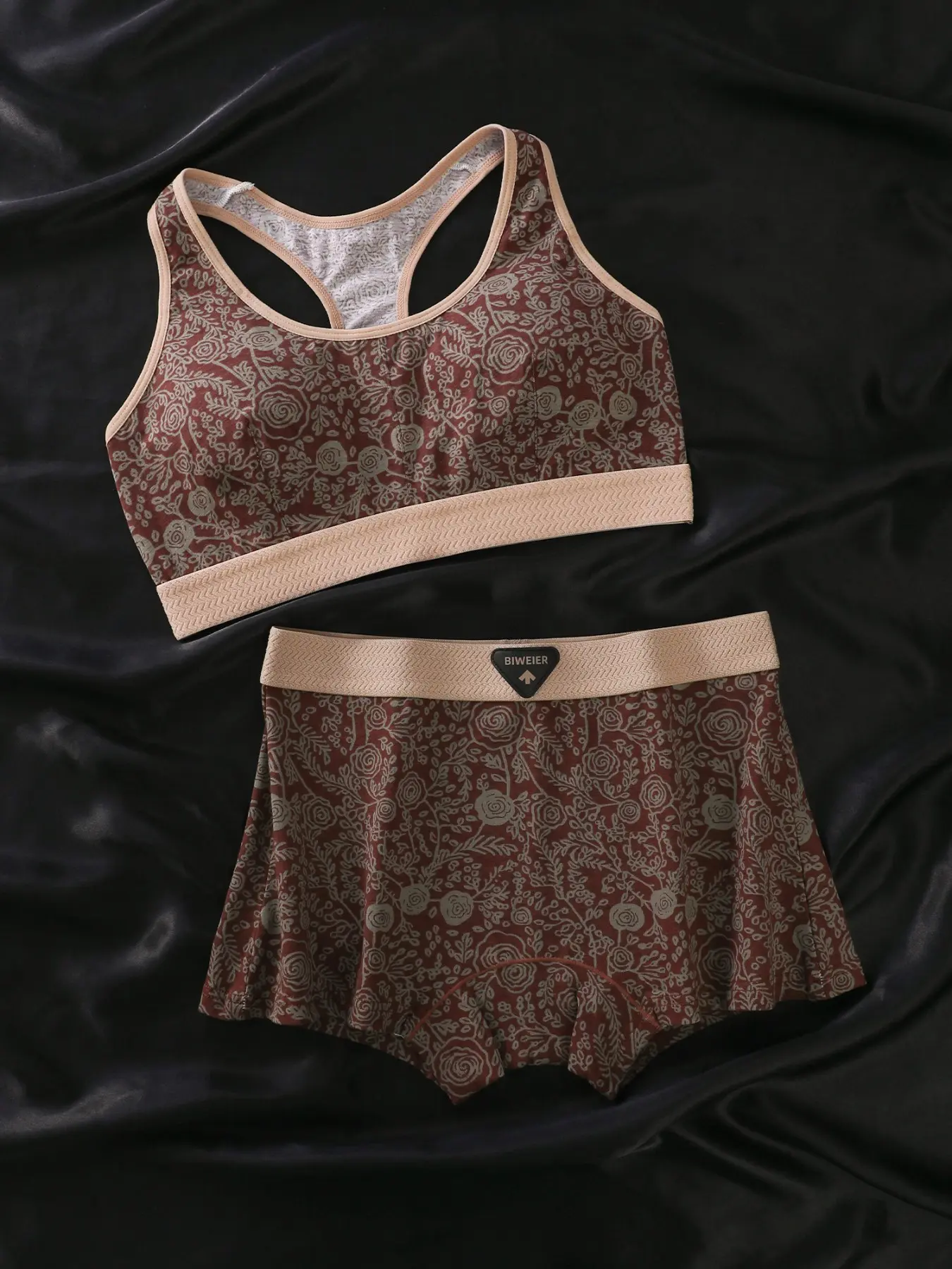 Biweier Vintage Rose Print Cotton Lingerie Set, Soft Skin-Friendly, Detachable Pads, Ideal for Women's Casual Sports and Home Commute