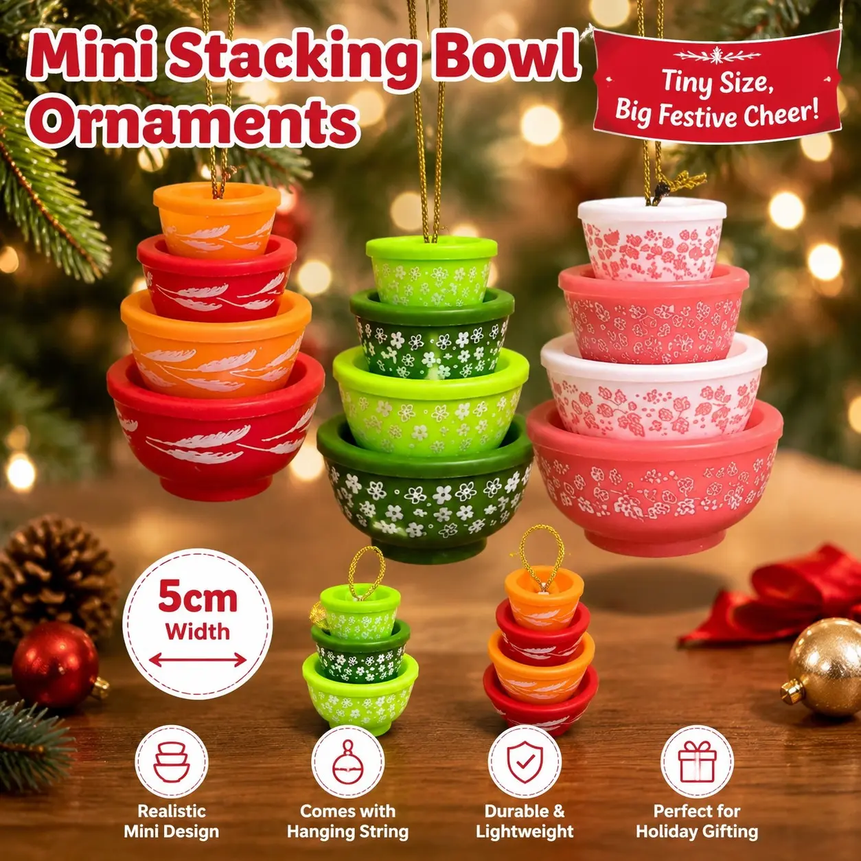 Miniature Bowl Stack Ornament, Retro Kitchen Christmas Table Decorations, Festive Holiday Decoration, Unique Gift Idea, Perfect for Home & Office
