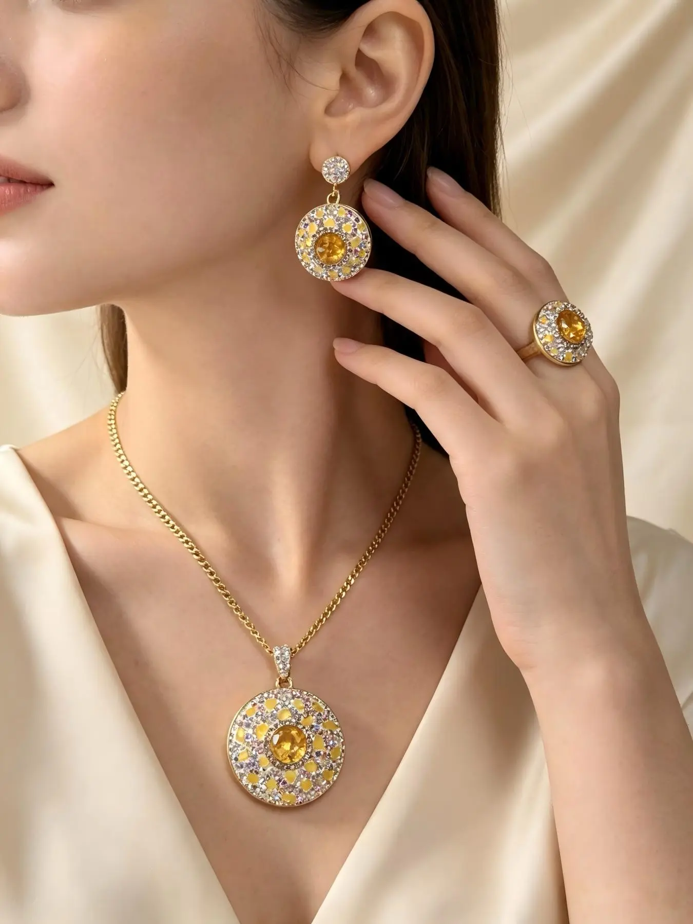 Amber & AB Rhinestone Round Disc Jewelry three-Piece Set,Bright Sparkly Evening Party Jewelry Gift for Women