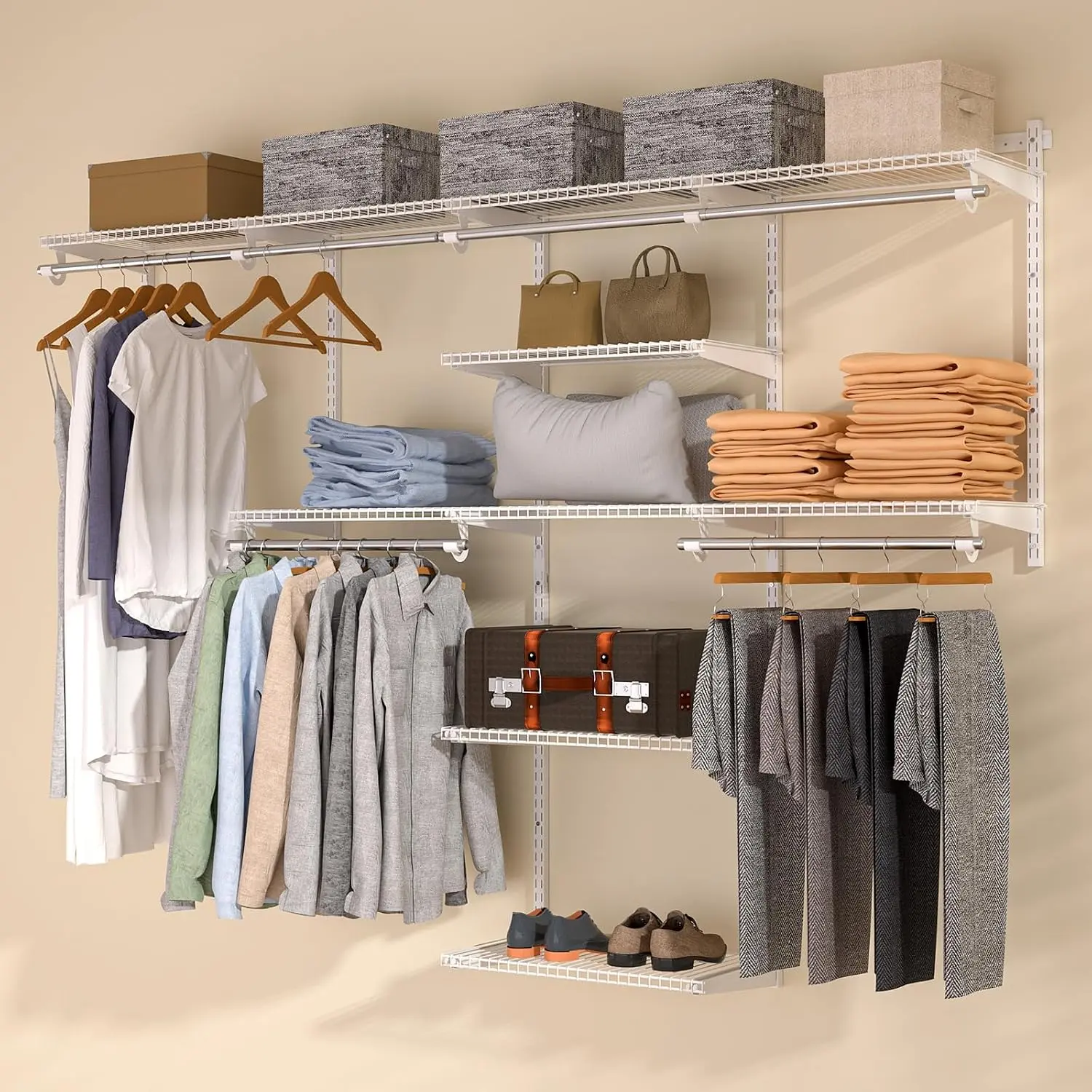 Quality Closet Organizer System: 4-8 Ft Adjustable Metal Wire Shelves | Sturdy Expandable Organization System - Custom DIY Wardrobe Kit with Clothes  Rods for  Closet Laundry Mudroom