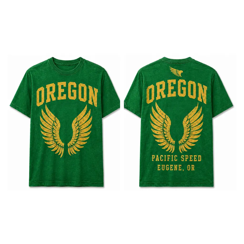 Oregon Wing Vintage Football Graphic T-Shirt, Green and Gold Game Day Crew Neck Tee, Front and Back Print