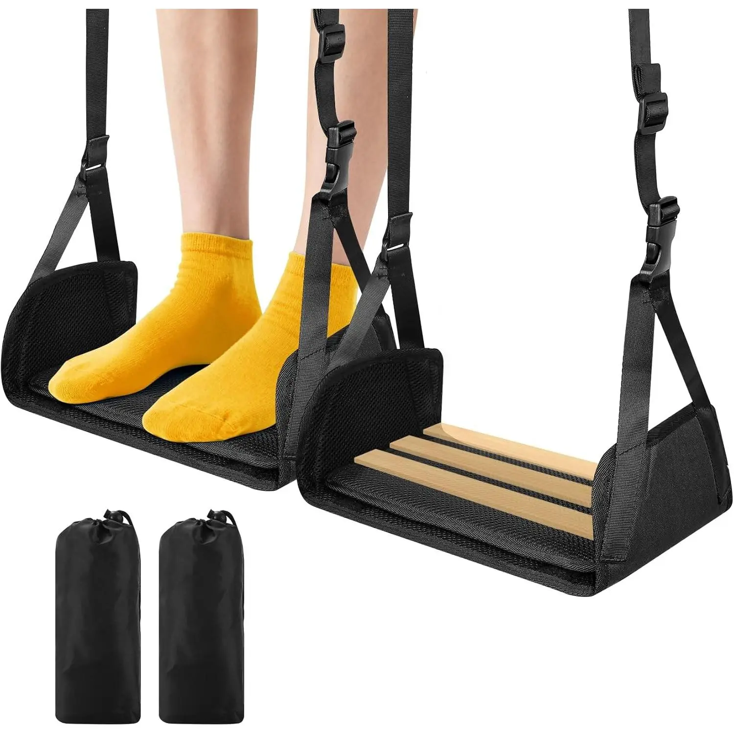Airplane Foot Hammock for Plane Travel, Detachable Bamboo Airplane Foot Rest for Long Flight, Desk Foot Hammock Travel Essentials with Extended Adjustable Strap to Relax Your Feet - 2 Pack