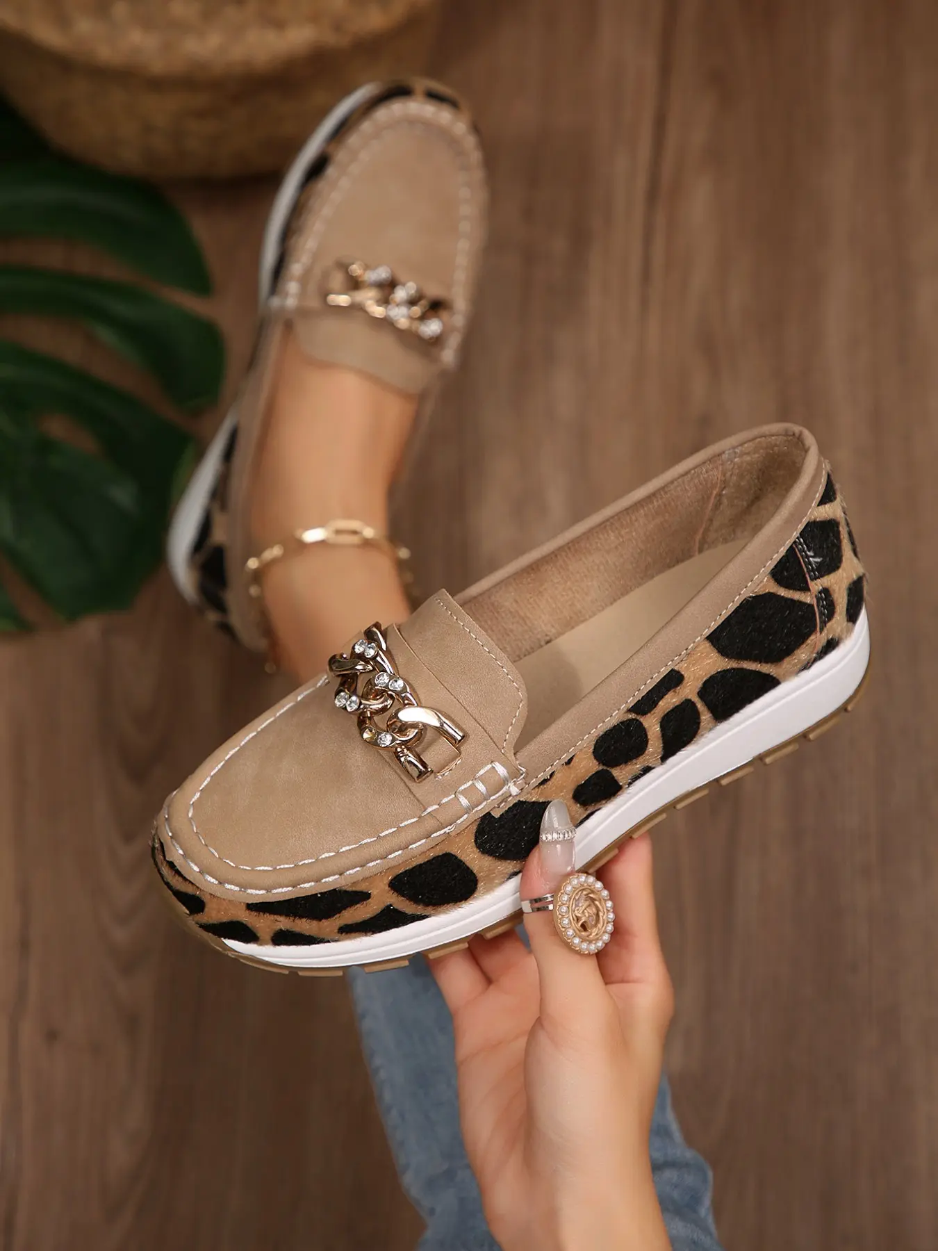 Women's New Metal Rhinestone Leopard Print Training Walking Shoes, Slip-On Thick Sole Sneakers, Comfortable Casual Daily Wear Footwear, Casual Slip Ons