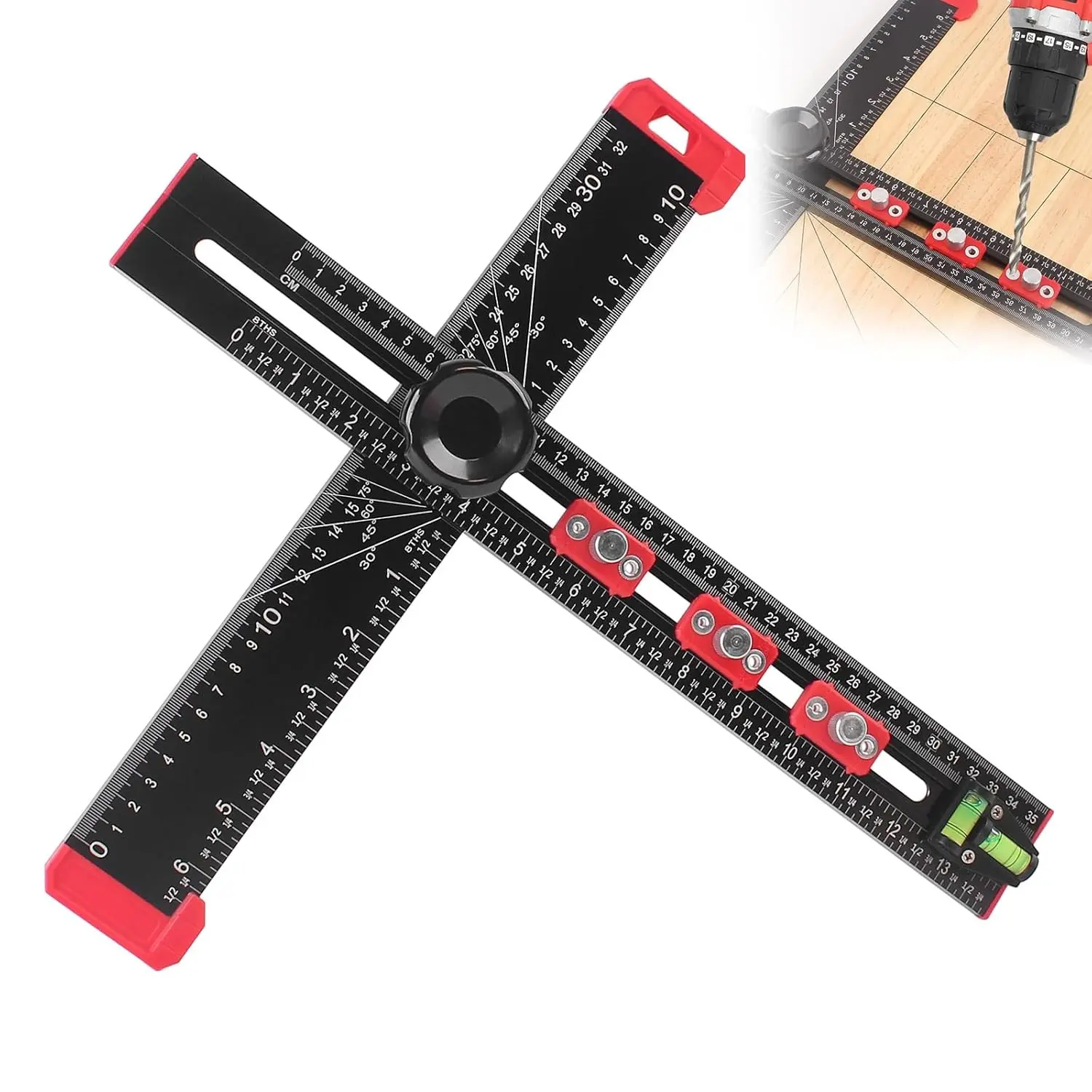 14-Inch Aluminum Alloy T-Square Ruler, Woodworking Measuring Tool, 4-in-1 Cabinet Hardware Jig Drill Guide, Multi-Functional Woodworking Punch Locator for Handles, Knobs and Shelves