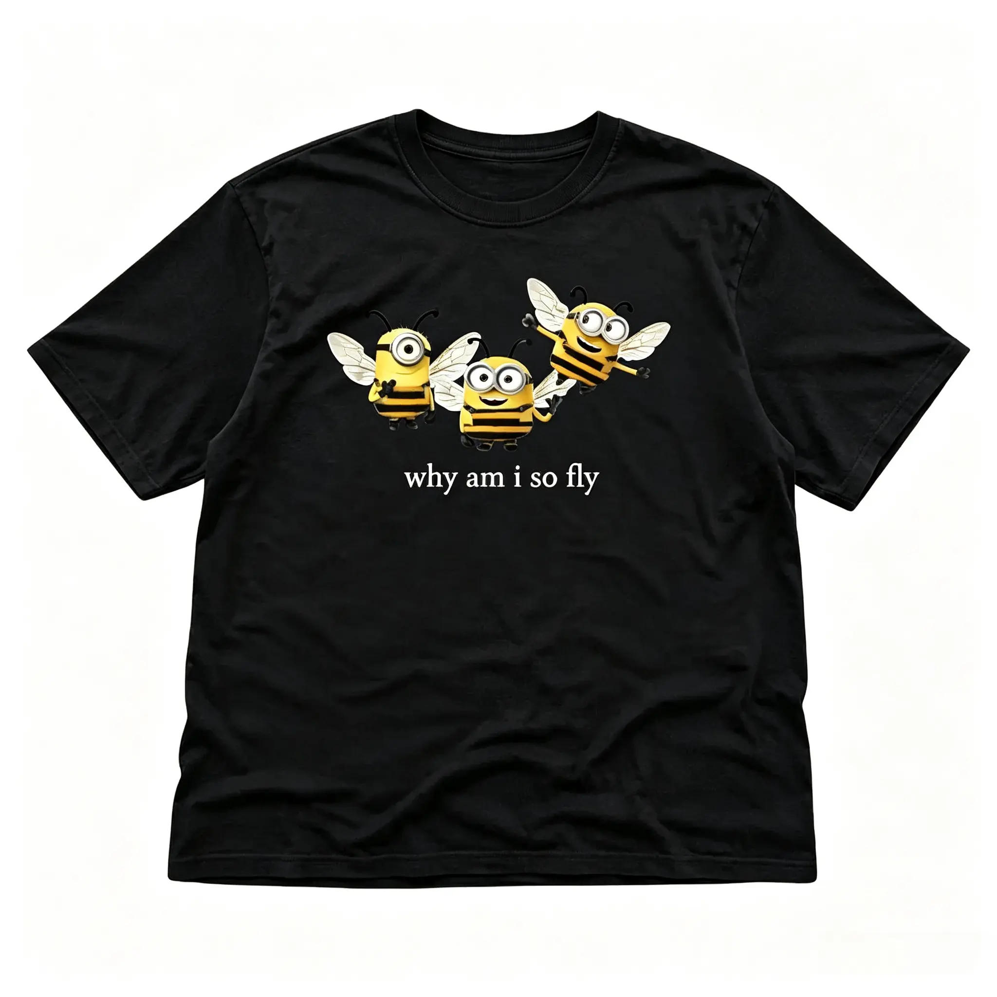 Funny Minion Bee "Why Am I So Fly" Graphic Tee, Cute Minibee Cartoon Movie Graphic Tee, Gildan Heavy Cotton Casual Top Black Menswear