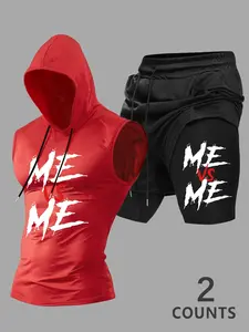 Men's Motivational Graphic Print Hooded Sleeveless Vest + Elastic Waist Shorts Set, Fitted Casual Workout, Two-Piece Sports Ensemble#2PieceMensWorkoutSet #MotivationalGymWear #SloganPrintOutfit #HoodedTankSet #TikTokFashion #TrendingMens #GymAesthetic