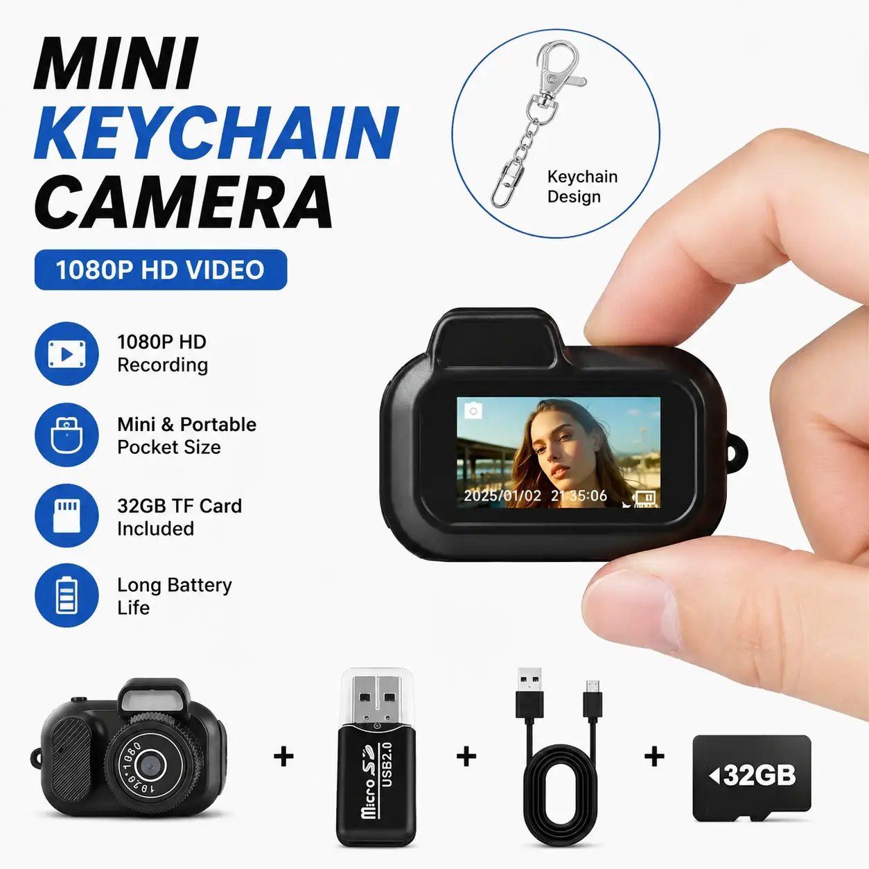 Mini Keychain Camera 1080P HD Portable Digital Camera, Compact Mini DV Camcorder with 32GB Memory Card, Long Battery Life Pocket Camera for Indoor Outdoor Recording, Travel, Daily Moments & Creative Videos
