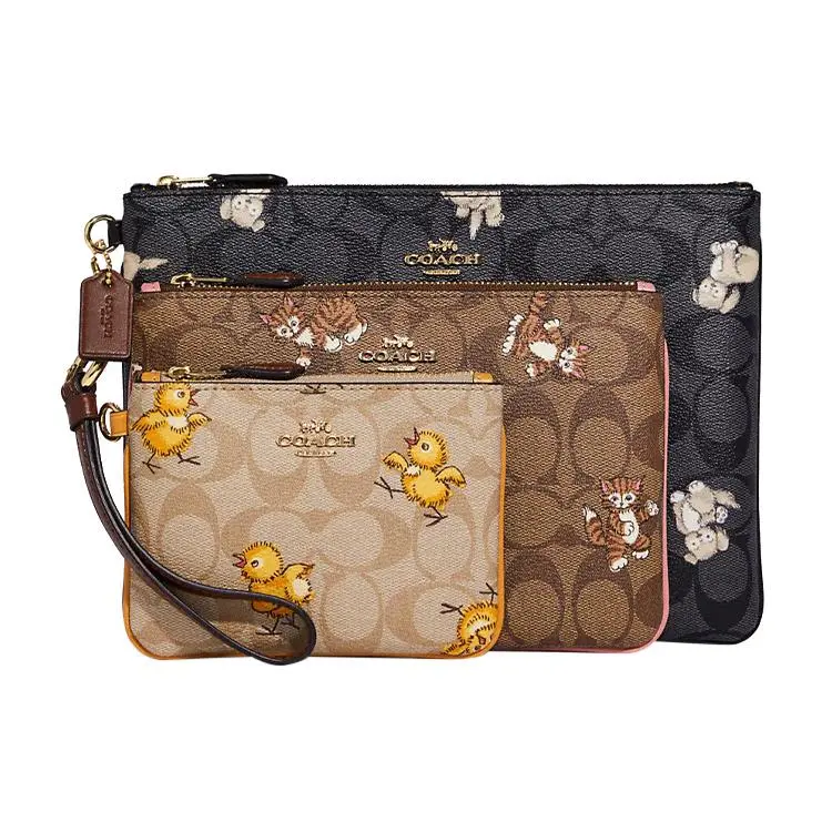 Coach Pouch 25 Badge Collection Animal Print Top-Zip Wristlet Clutch Set for Women, Signature Coated Canvas and Smooth Leather, Khaki