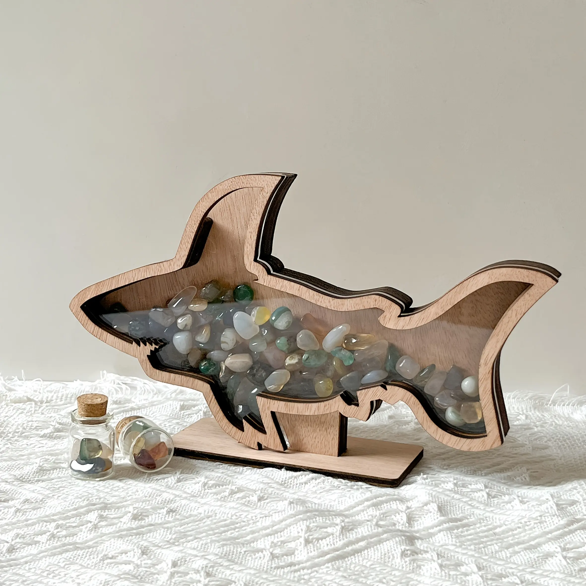 Shark Shell Storage Display Box, Wooden Beach Collectibles Box, Bohemian Coastal Home Decor, Crystal Organizer, Ocean Theme Gift, Collectors Box