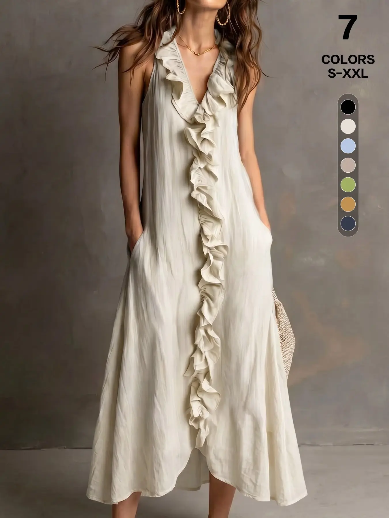 Sexy Halter Backless Dress, Deep V Neck Ruffle Design Pockets, Sleeveless Split Long A-Line Skirt, Summer Fashion, Beach Wedding Party