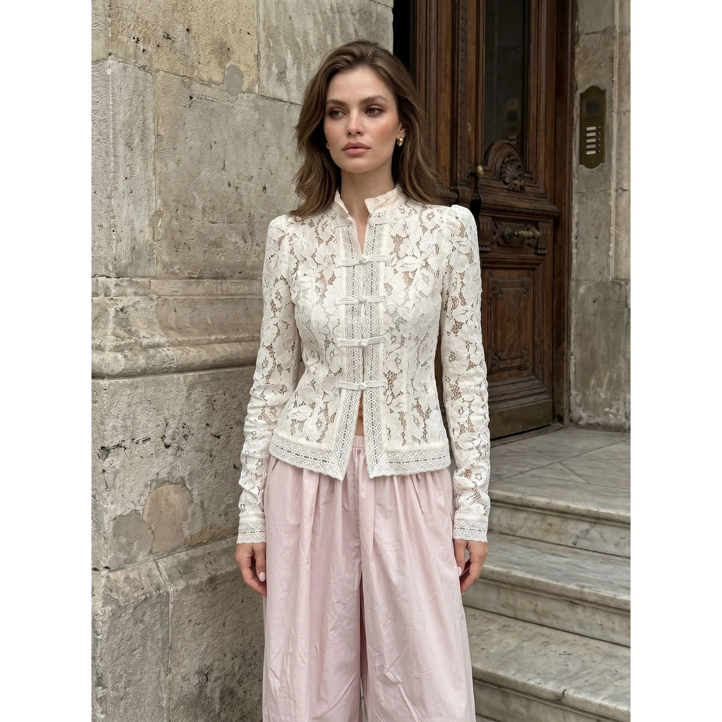Elegant Lace Mandarin Collar Button Shirt