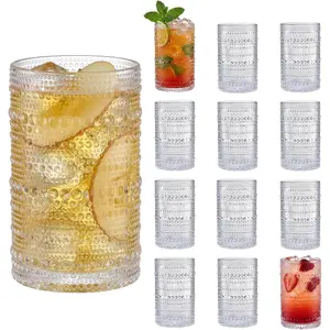 Vintage Hobnail Drinking Glasses Set of 12, 14.71oz Cup Sets for Kitchen & Bar, Embossed Beaded Clear Textured Glasses Drinking Set for Whiskey, Cocktails, Juice,Water,Coffee, Smoothies