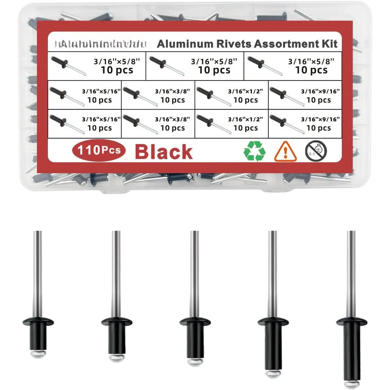 110 count Black 3/16 Inches Pop Rivets  Kit,5 Sizes  Rivets, blind pro Rivets for DIY/Metal/Furniture/Instruments