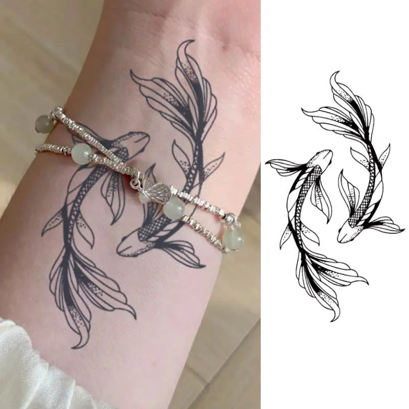 4-Pack Japanese-Inspired Koi Fish Temporary Tattoo Set - Elegant Black Botanical Art Body Stickers, Apply Wet Paper, Long-Lasting for Arms, Shoulders