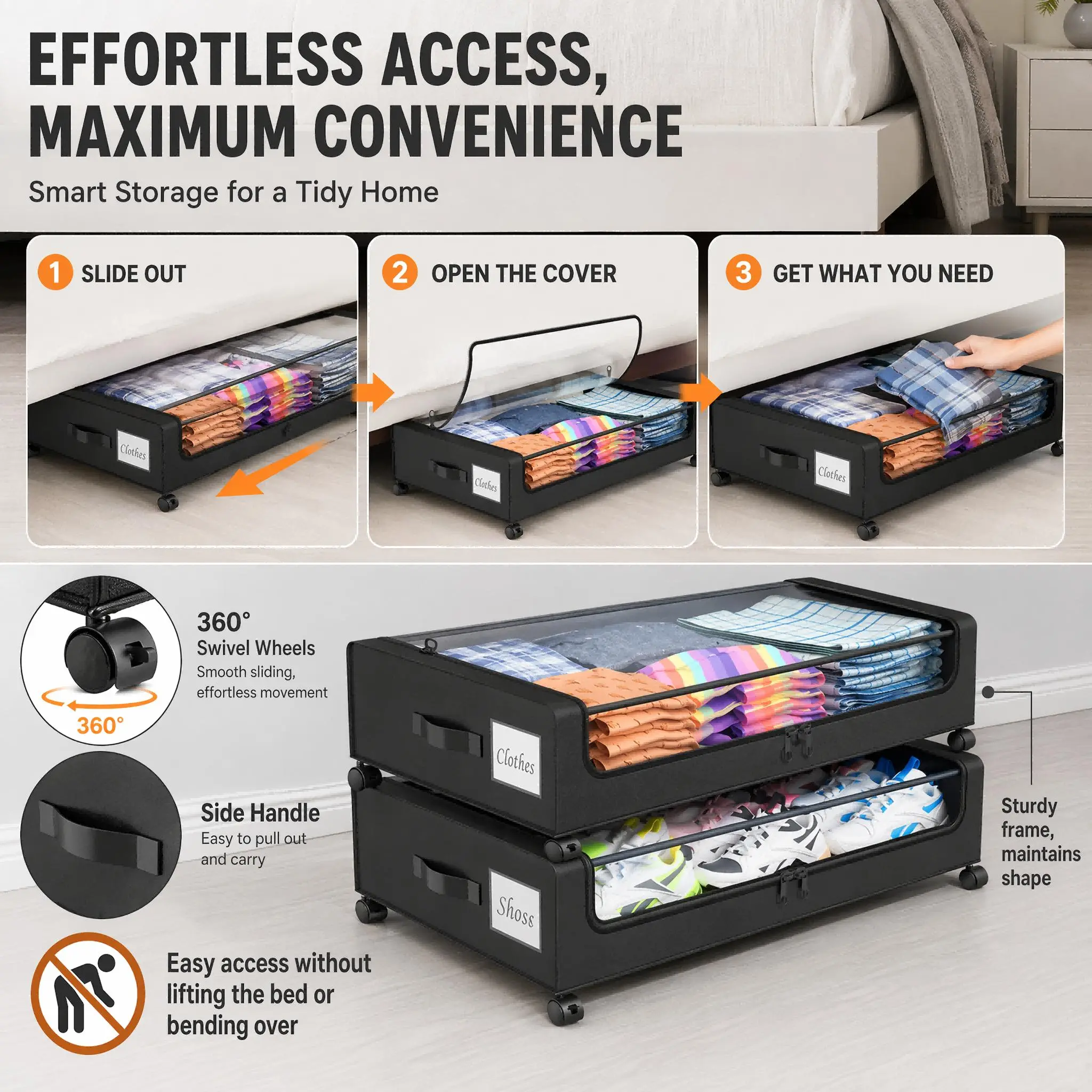 1 Pack & 2 Pack Optional Under Bed Storage Bin with Wheels & Flip Clear Lid, Low Profile Clothes Shoe Organizer Container with Handle & Label Slot, Available in Black and Gray