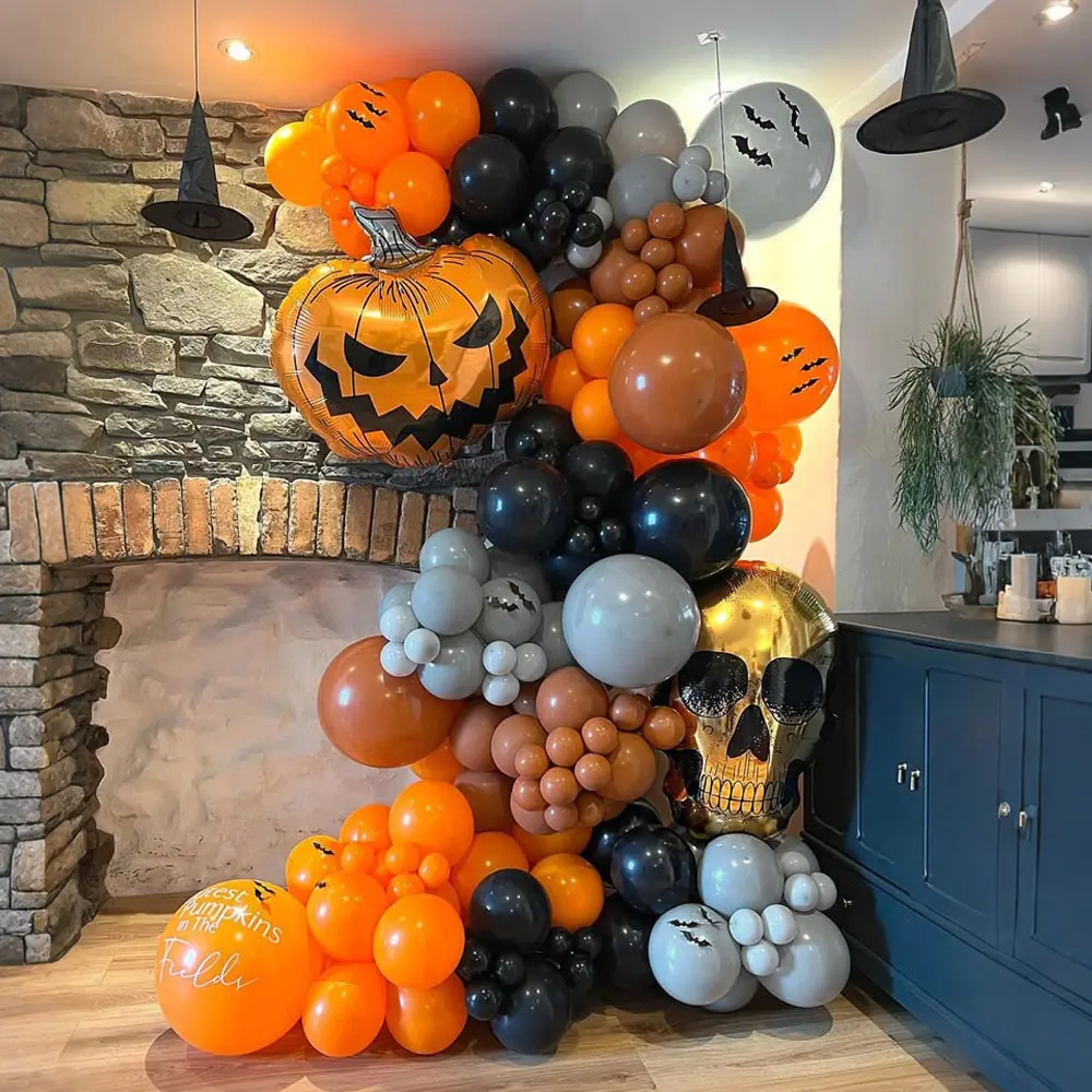 Halloween Spooky Balloon Garland Arch Set, Pumpkin Balloons Skulls, Perfect for Halloween Day of the Dead Theme Birthday Background Decorations