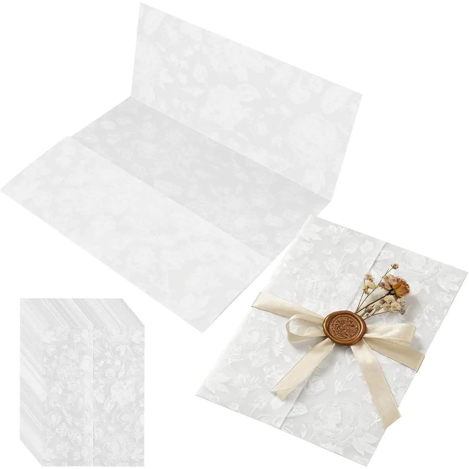 Wedding Vellum Jackets for 5x7 Invitations, 50/100 Pcs Clear Vellum Paper with Floral , Pre-Folded No Trimming Needed for Wedding Bridal Party(50pcs)