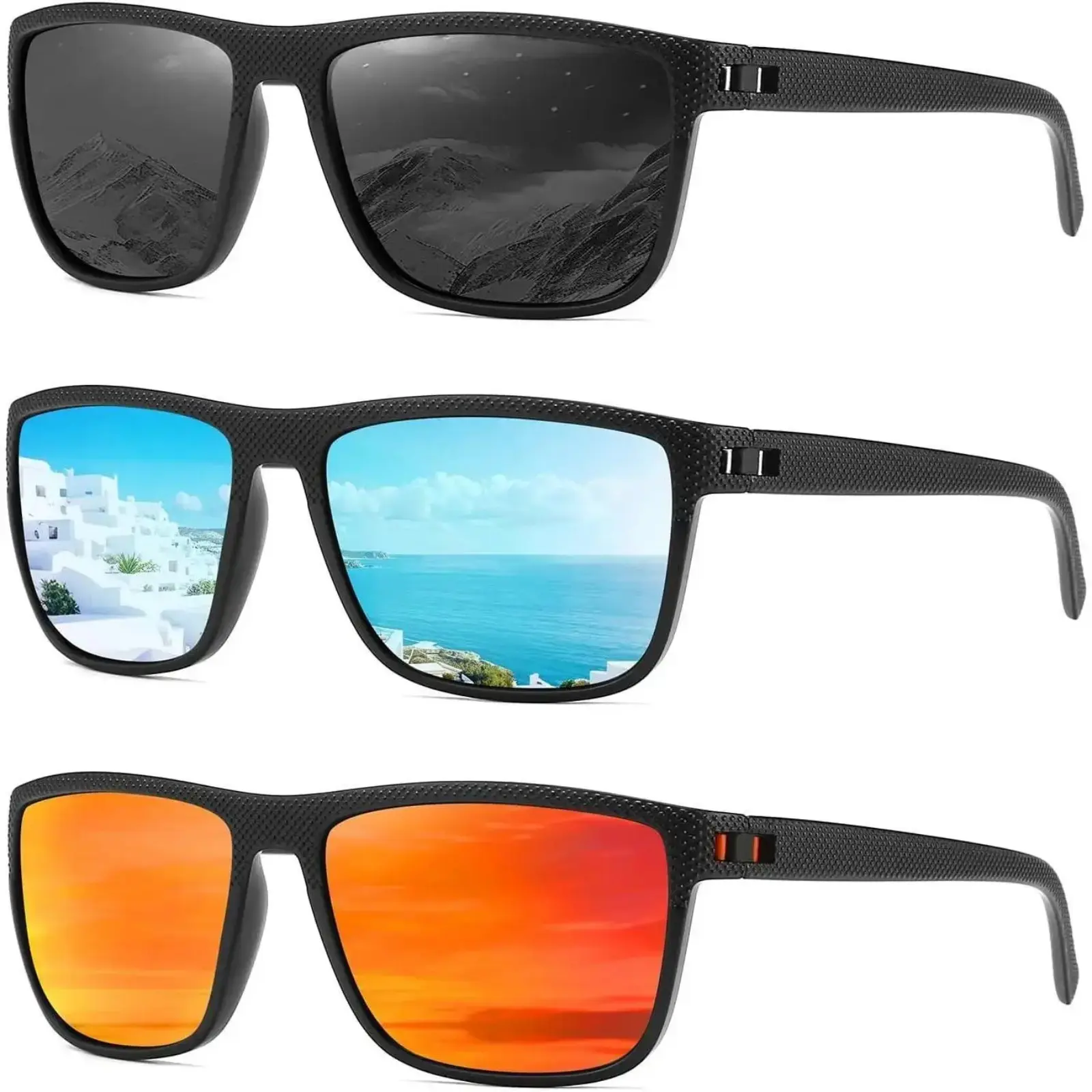3 Pcs Unisex Polarized Square Sunglasses with UV protection and anti-glare lenses. Lightweight & durable shades ideal for driving, fishing, golf and outdoor activities, stylish for daily street looks all year round.