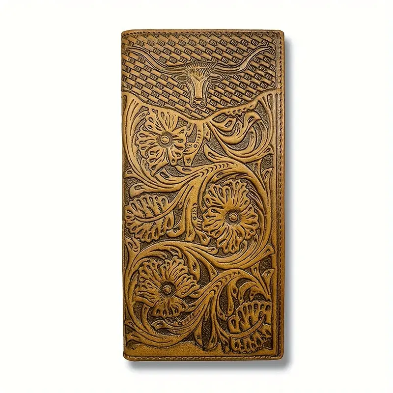 Men's Full Grain Leather Bifold Wallet - 13 Card Slots, Western Floral Embossed, Checkbook Holder, Premium Men's Card & ID Case