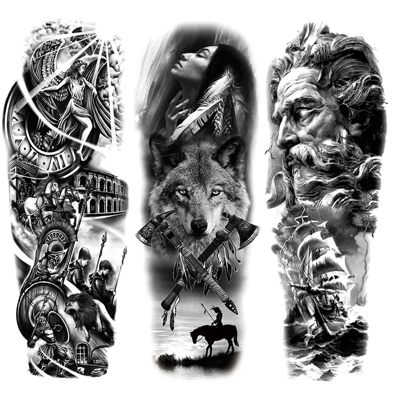 3 Counts Waterproof Full Arm Sleeve Temporary Tattoos, Realistic Wolf and Ship Design Body Fake Tattoos for Men and Women, Long-Lasting Low-Allergy Body Art Tattoo Stickers