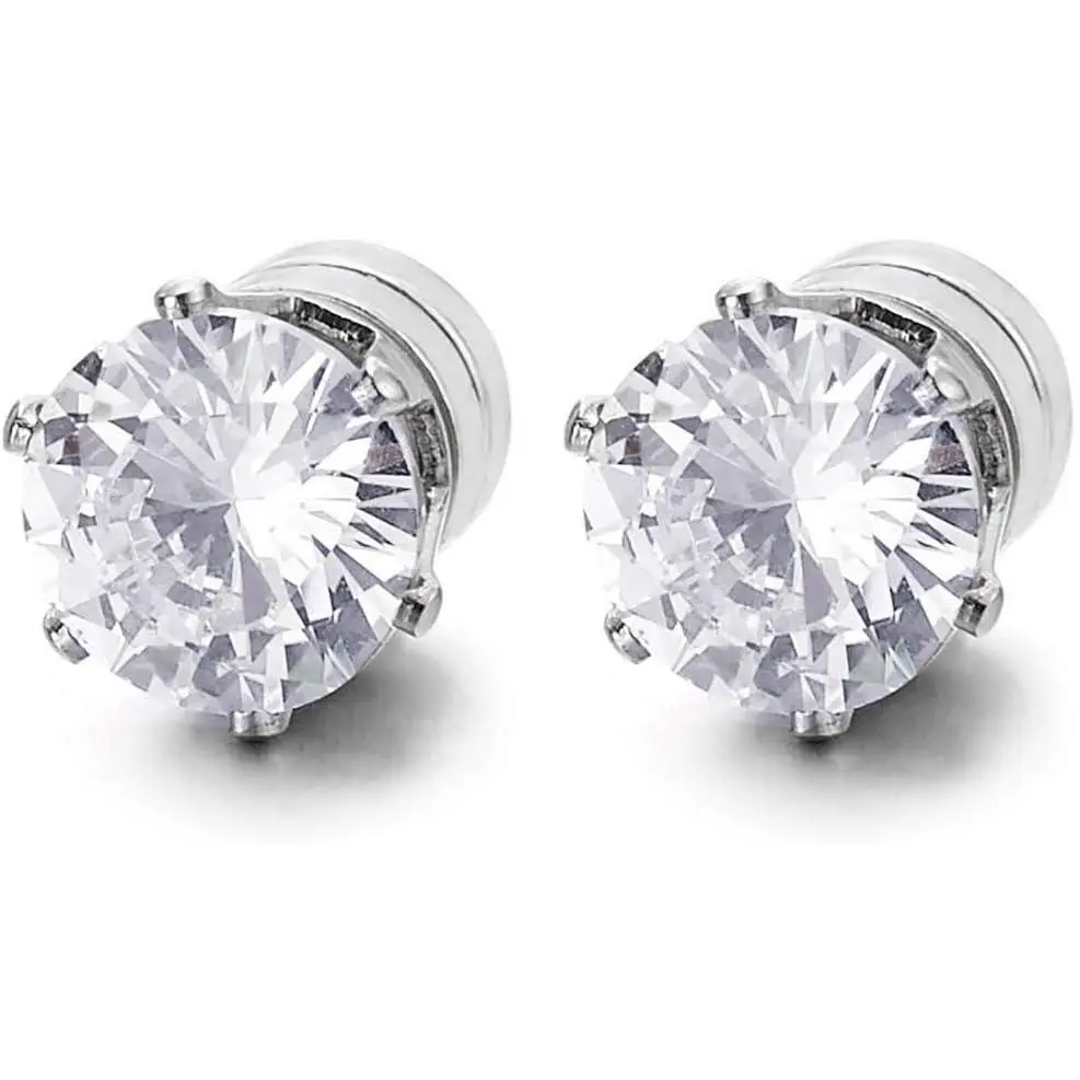 Unisex 6mm Round Cut Magnetic Cubic Zirconia Stud Earrings - Polished Stainless Steel Jewelry, Magnetic Fit, Everyday Wear Non-Piercing Jewelry with Classic Pierced Look