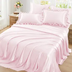Ruffled Satin Sheets Queen Size 6pc Set - Blush Pink Bed Sheet Set with 15 Inch Deep Pocket Fitted Sheet, 1 Flat Sheet, 2 Ruffled Pillow Shams & 2 Pillowcases, Similar to Silk Sheets