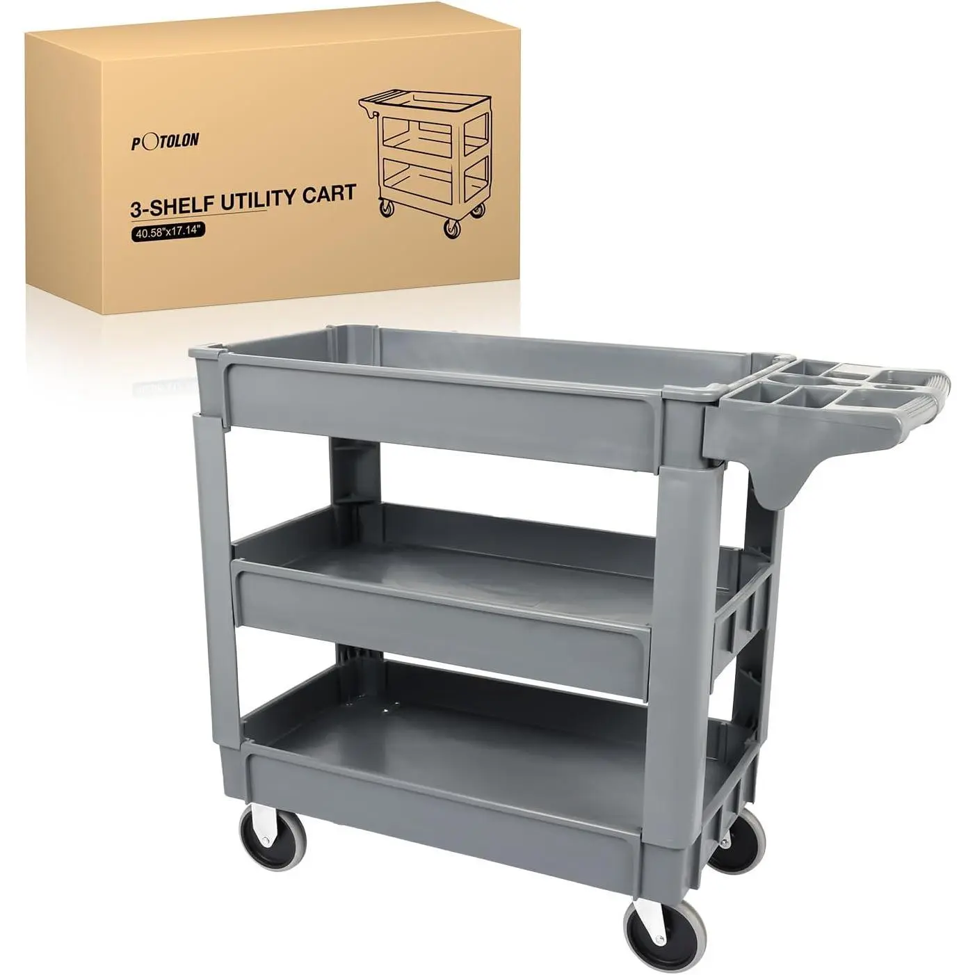 Nilight 3-Shelves Industrial Polypropylene Utility Organiser Cart - 550lbs Capacity Rolling Service Cart with 5in TPU Silent Wheels, Integrated Handle, Chemical Resistant Body, Compartment Racks for Workshop Tools - Grey