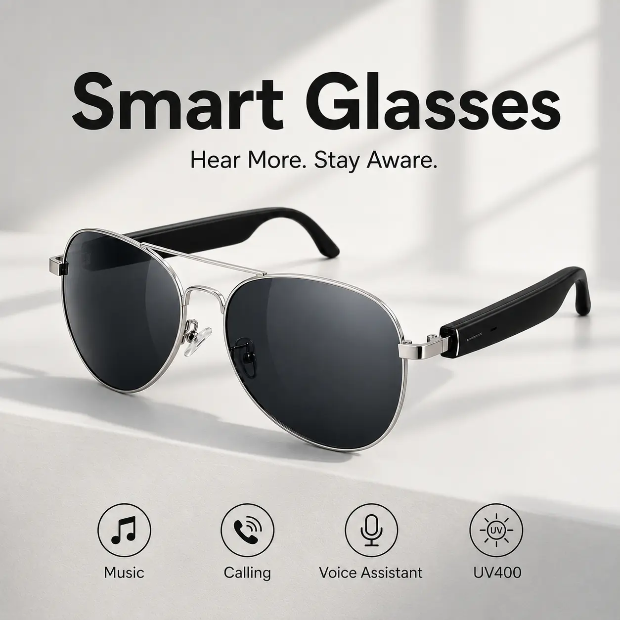 Smart Glasses for Men Women, Bluetooth Aviator Sunglasses with Open-Ear Listening, Built In Mic and Speakers for Driving Cycling Running, Smart Music Glasses