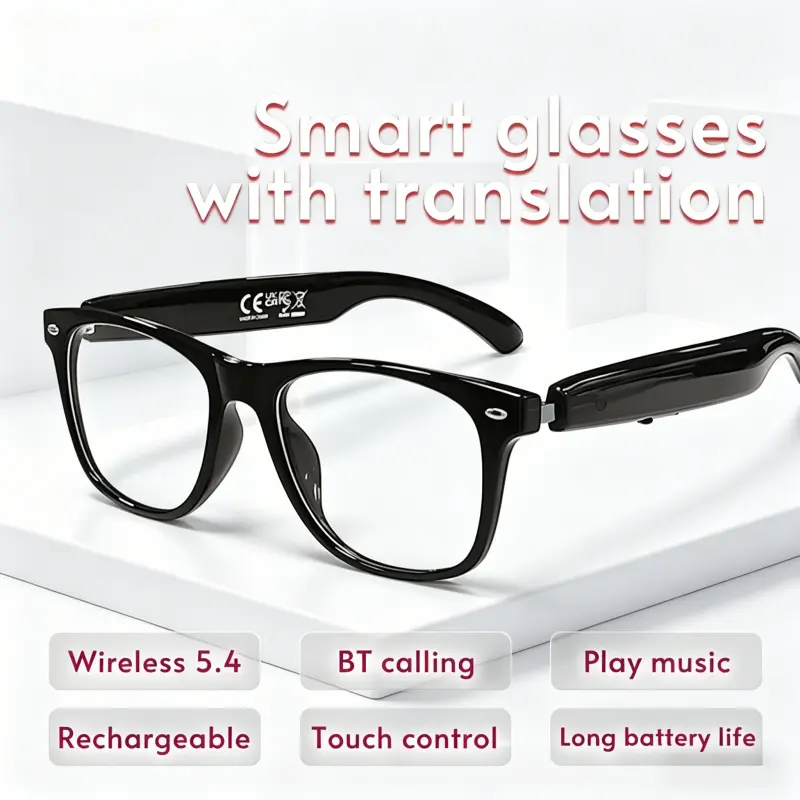 Smart glasses,wireless earbuds with translation capabilities; a multifunctional device for everyday use that combines music playback and call functionality with a microphone.