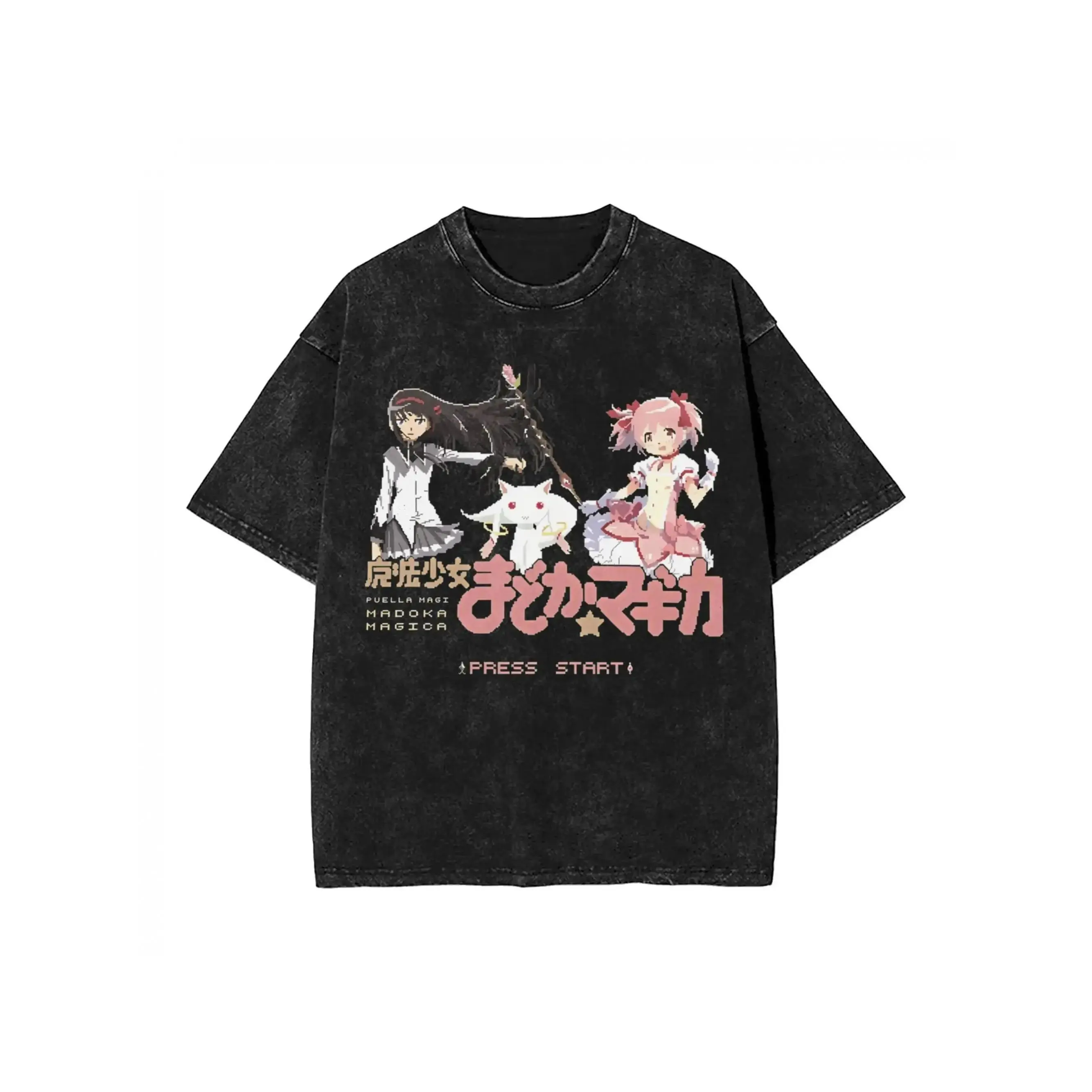 Men's Vintage Japanese Puella Magi Madoka Magica Anime Distressed Look Cotton Short-Sleeve Round Neck Oversized Unisex Tshirt - High-Quality, Soft All-Seasons Figure-Flattering Casual Top for Festive & Everyday Wear, Shortsleeve