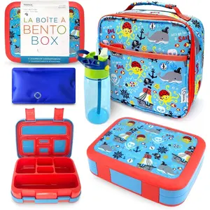 Bento Box with Insulated Lunch Bag, Ice Pack & Water Bottle Set for  - 5 Compartments Removable Tray Lunches or Snack Container Boys   , Blue Pirates