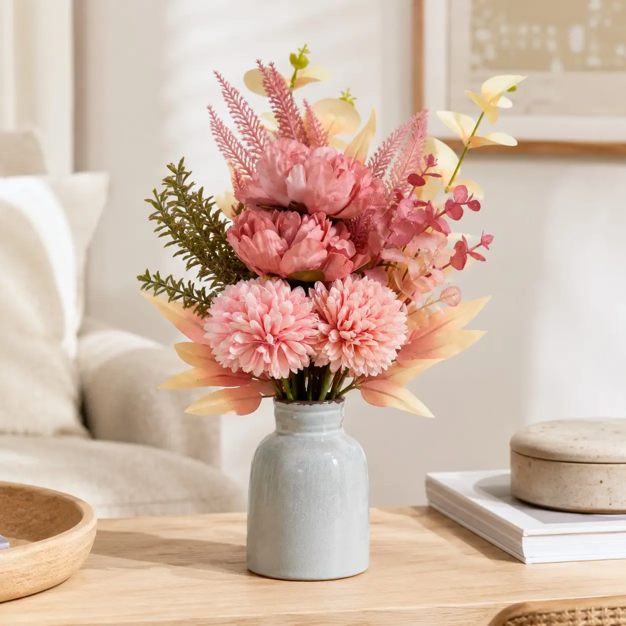 Pink Artificial Flower Bouquet, Artificial Flower Decoration, Faux Peony Hydrangea Eucalyptus Arrangement Hand Painted Bendable Iron Wire Stems for Vase Wedding Centerpiece Bridal Shower Home Decor Office Party Gift