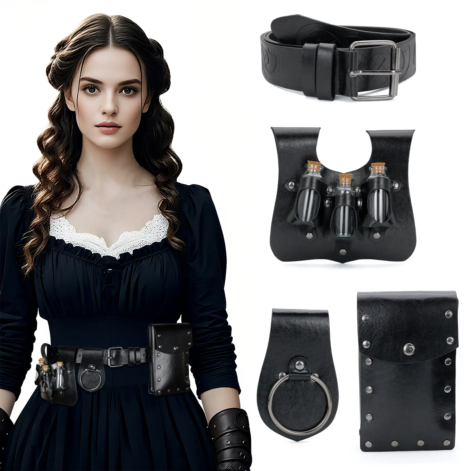 Adjustable Black Medieval Viking Leather Belt & Waist Pouch Set with Silver Buckle, 3 Glass Potion Vials Holder, Double Ring Hanger – Vintage Renaissance Faire LARP Cosplay Halloween Fairy Accessory for Men Women, Button