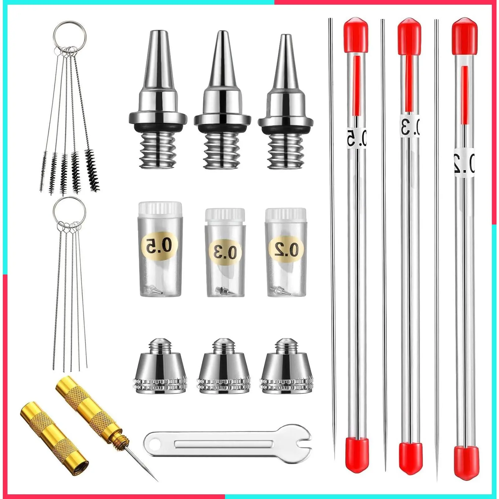 21Pcs Airbrush Nozzle Cap Kit with Needles, Wrench & Cleaning Kit - Replacement Parts for Airbrush Sprayer, 0.2/0.3/0.5mm