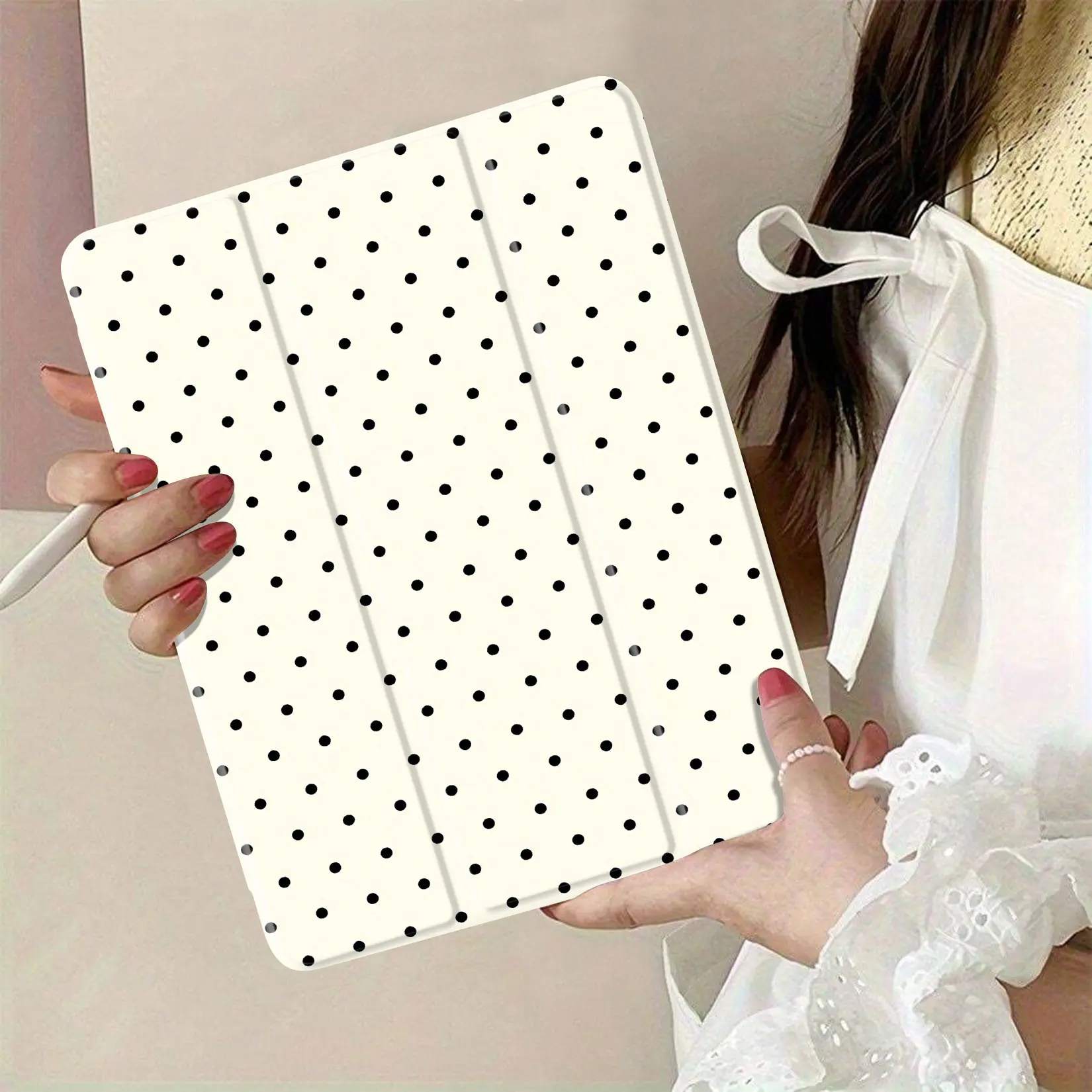 Black & Cream Polka Dot Fabric - Tablet Cover Craft Material, Suitable for Sewing & Home Decor Projects