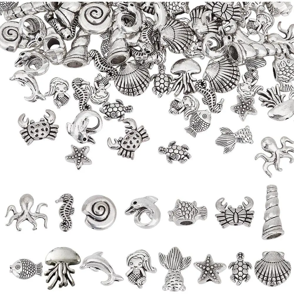 150 count 15 Styles   Tibetan Beads Antique  Sea Turtle Starfish Spacer Beads Sea Life Creatures Alloy Loose Beads for DIY Necklace Bracelet Craft  Making
