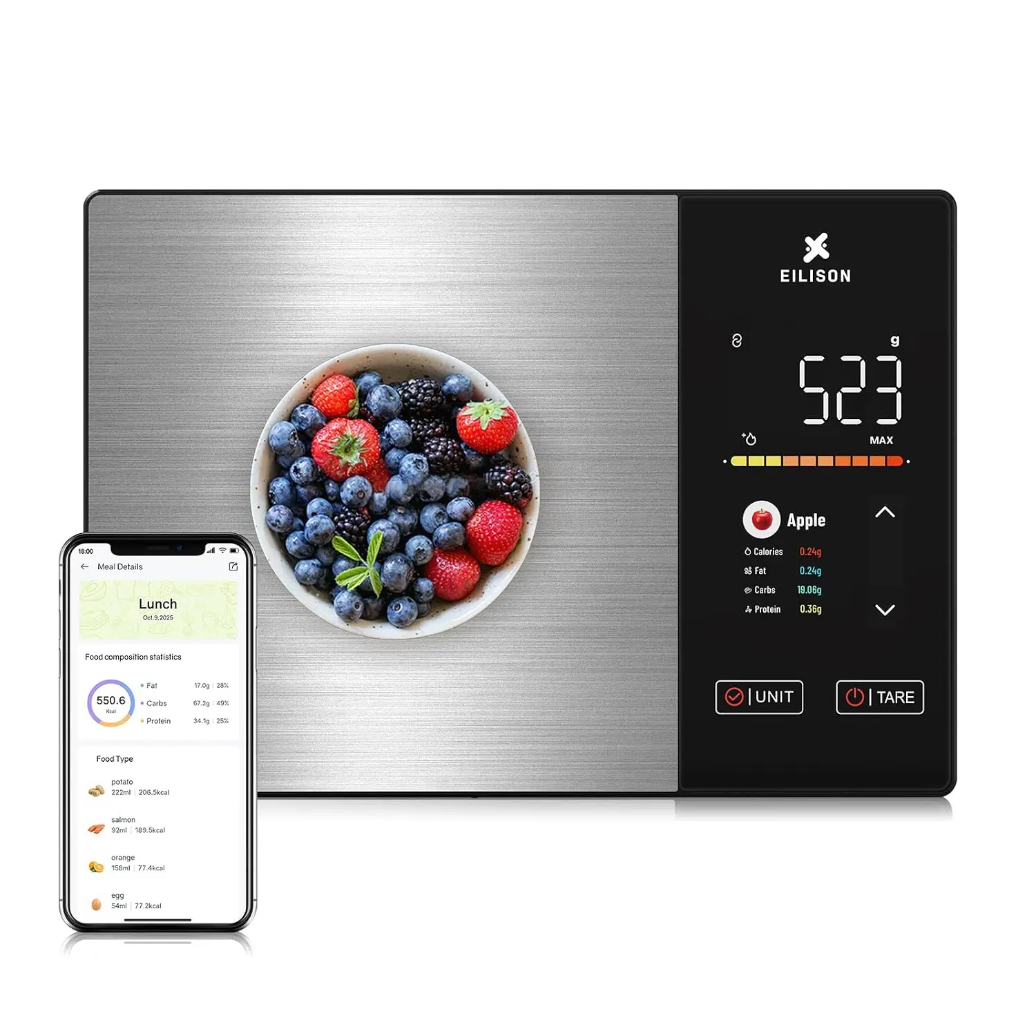 Smart Kitchen Scale with Nutrition Calculator, Digital Food Scale, Large TFT Color Display, Bluetooth App for 999+ Foods, Calorie Counter & 24 Nutrients Analyzer, 5000g Capacity (Black), Smart Food Scale