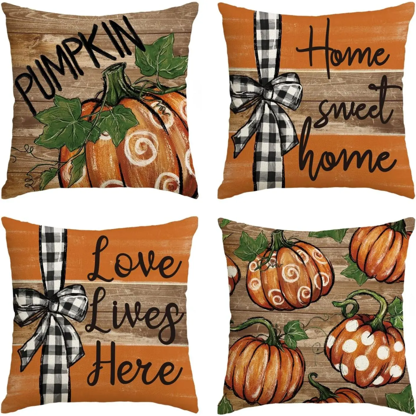 Pumpkin Pillow Covers, 18x18 in Modern Polyester Blend Set of 4 - Sweet Autumn Love Lives Here Harvest Floral Seasonal Decoration for Sofa, Couch, Living Room