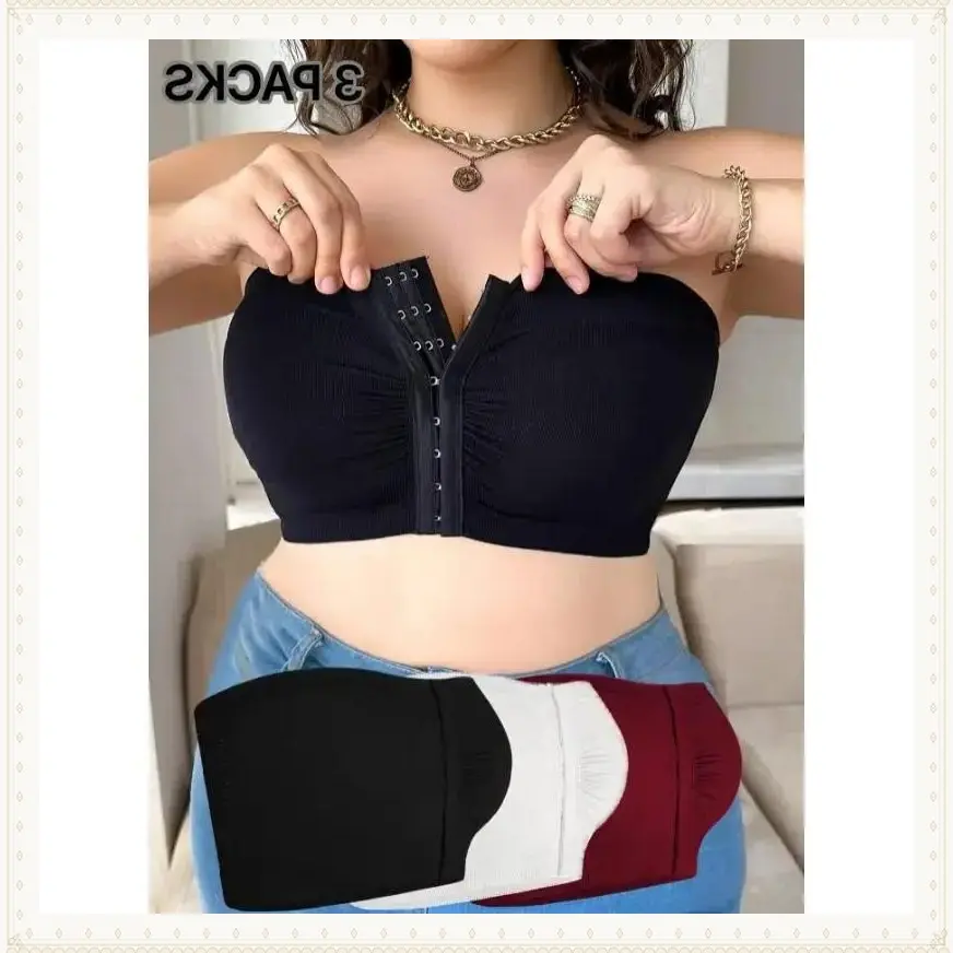 [Plus Size Strapless Bandeau Bra]  Plus Size High-Elasticity Strapless Bandeau Bras - Soft, Comfortable, Full Coverage - Front Closure, No Underwire, Seamless Design in Black, Beige, and White Fabric Spandex