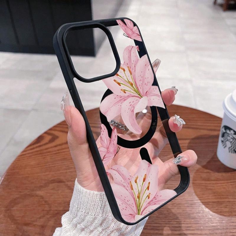 Pink Lilies Magnetic Phone Case for iPhone 17/16/15/14/13/12 Pro Fashionable Pattern Design Transparent Shockproof Classic Gift Ultra-Thin Protective Smartphone Cover Lotus