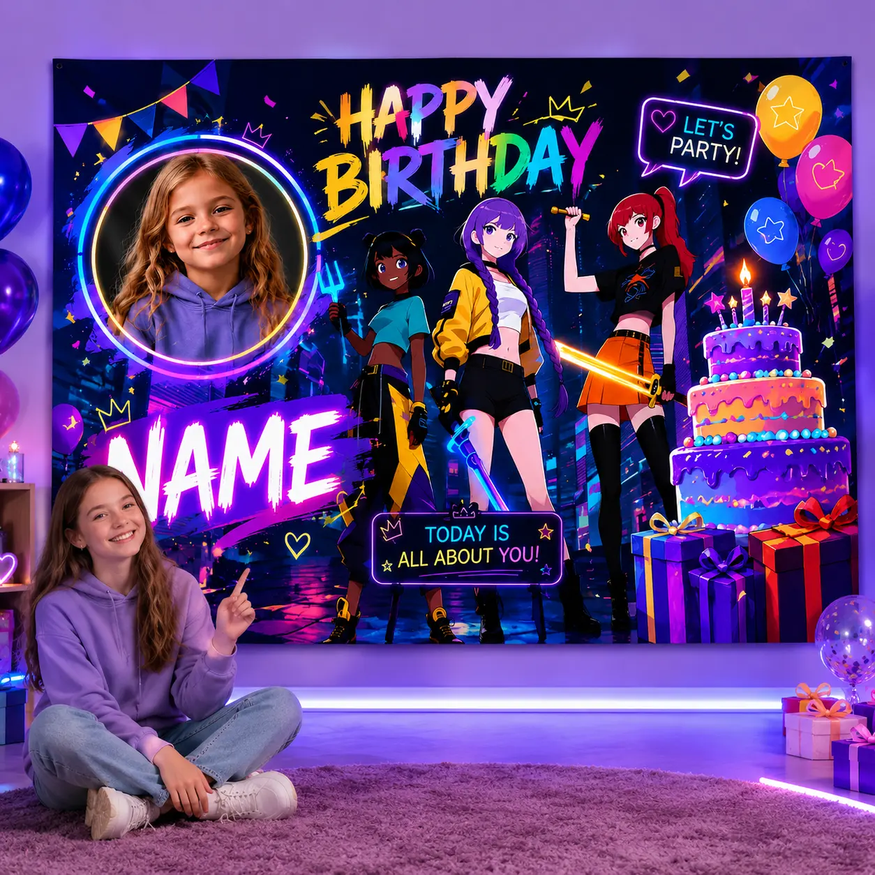 Personalized Neon Pop Music Birthday Backdrop, Custom Name Photo Dance Stage Banner, Colorful Concert Party Decor for Teens