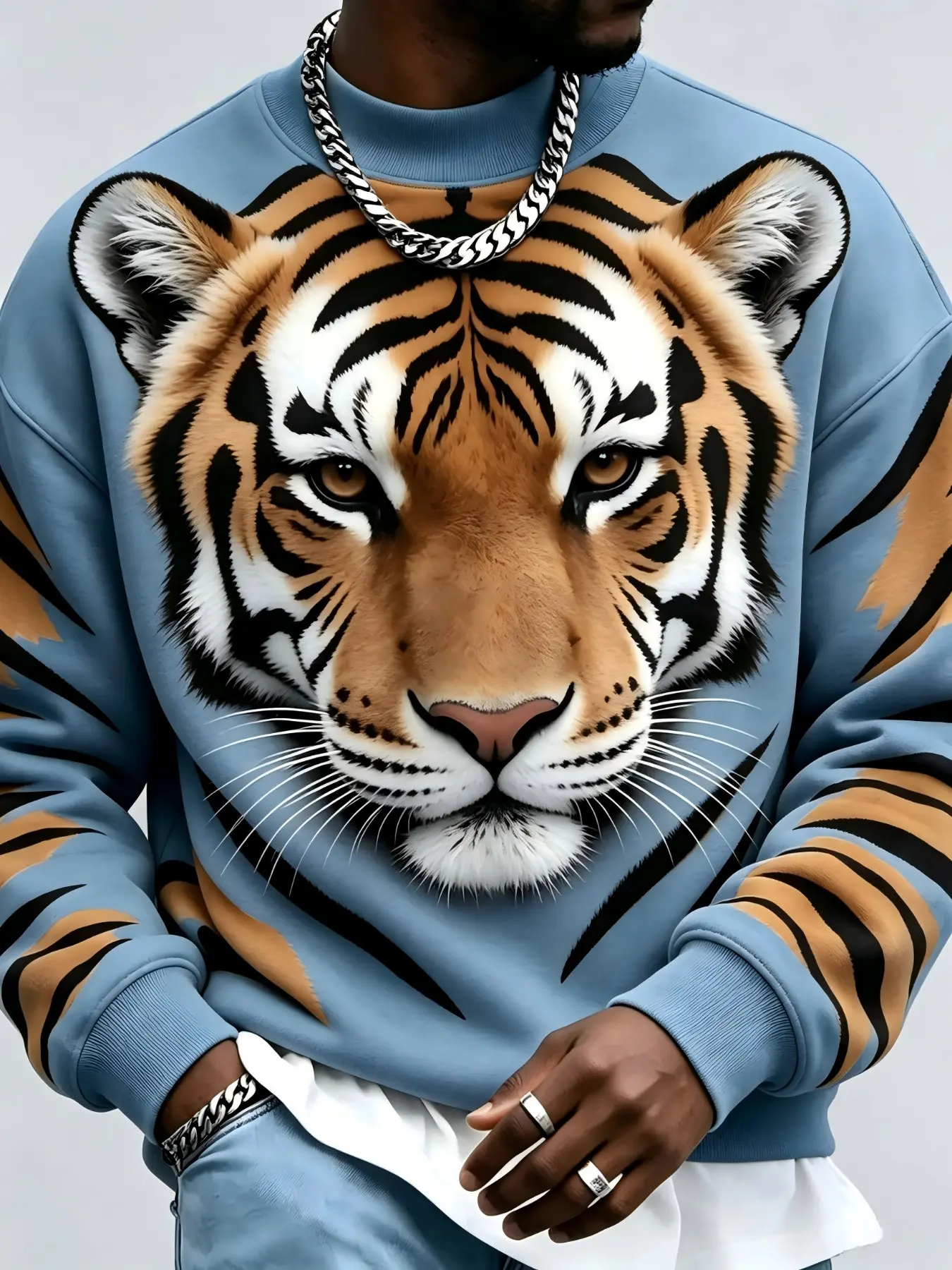 Men's Fleece Round Neck Drop Shoulder Sweatshirt, Trendy Tiger Art Print, Loose Fit, Comfortable and Stylish, Casual Daily Wear